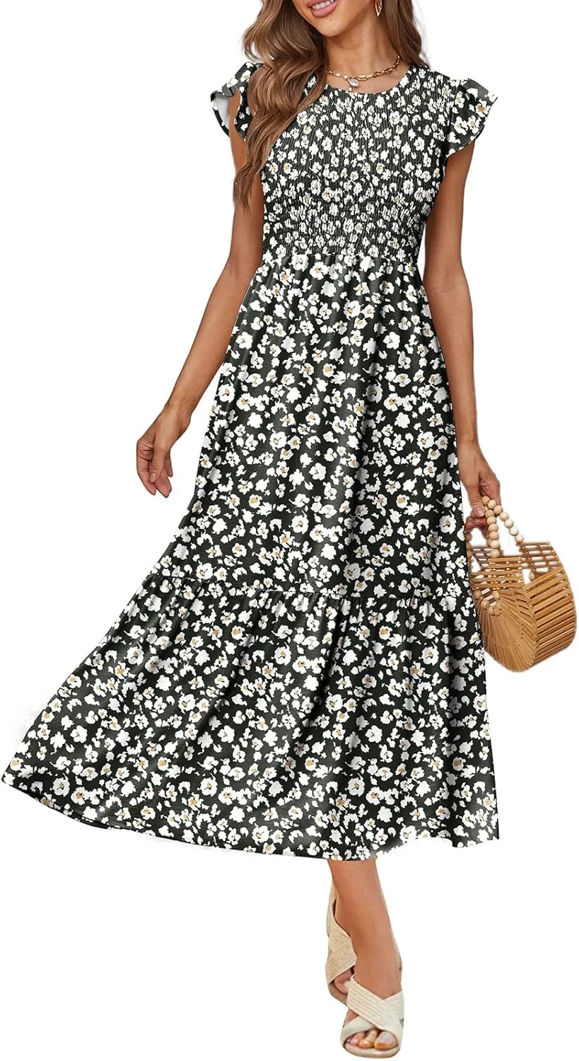 OFEEFAN Women's Casual Maxi Dresses with Pockets Ruffle Sleeve Smocked Dress XS-2XL