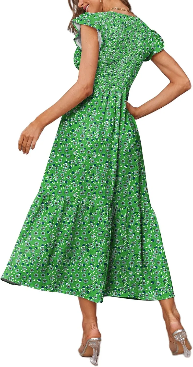 OFEEFAN Women's Casual Maxi Dresses with Pockets Ruffle Sleeve Smocked Dress XS-2XL