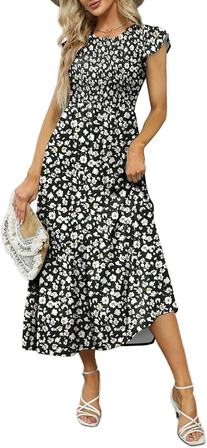 OFEEFAN Women's Casual Maxi Dresses with Pockets Ruffle Sleeve Smocked Dress XS-2XL