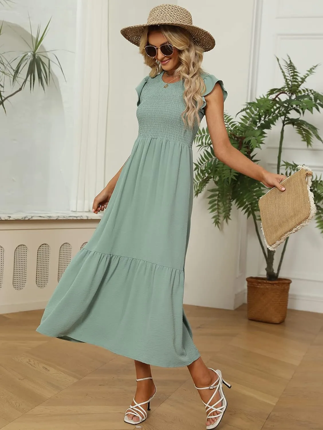 OFEEFAN Women's Casual Maxi Dresses with Pockets Ruffle Sleeve Smocked Dress XS-2XL