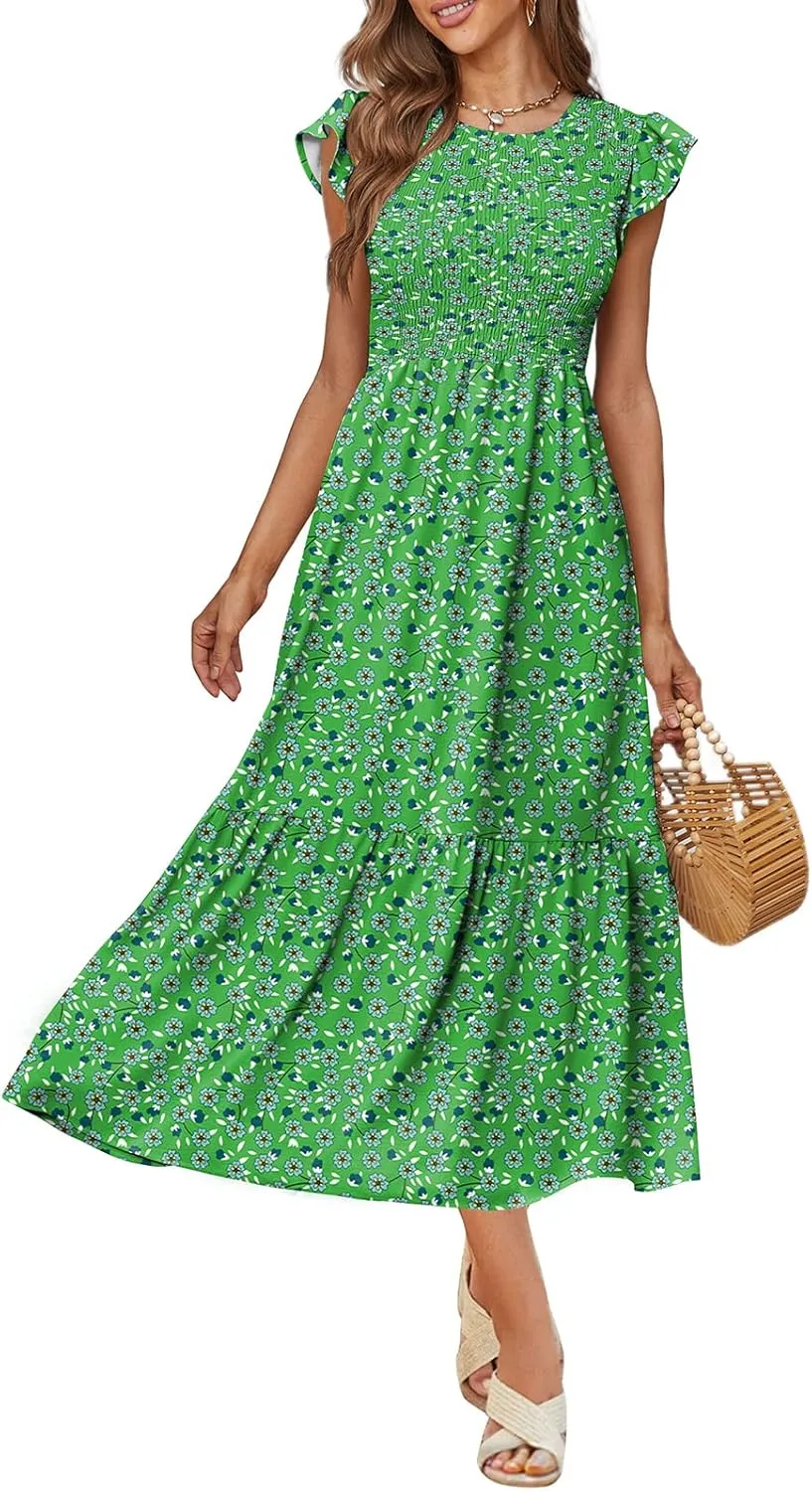 OFEEFAN Women's Casual Maxi Dresses with Pockets Ruffle Sleeve Smocked Dress XS-2XL