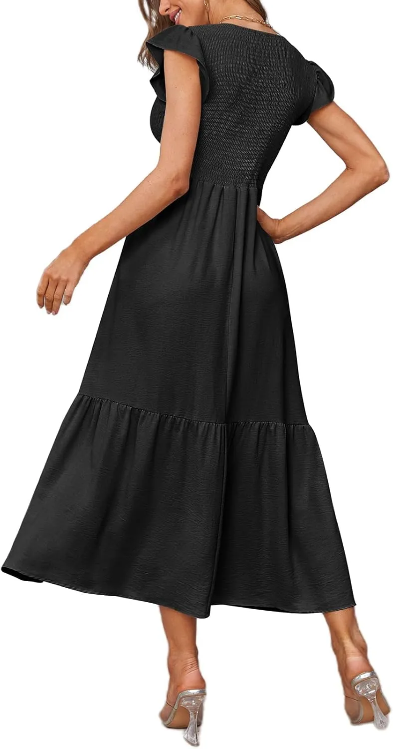 OFEEFAN Women's Casual Maxi Dresses with Pockets Ruffle Sleeve Smocked Dress XS-2XL