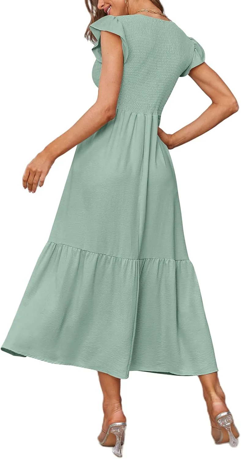 OFEEFAN Women's Casual Maxi Dresses with Pockets Ruffle Sleeve Smocked Dress XS-2XL