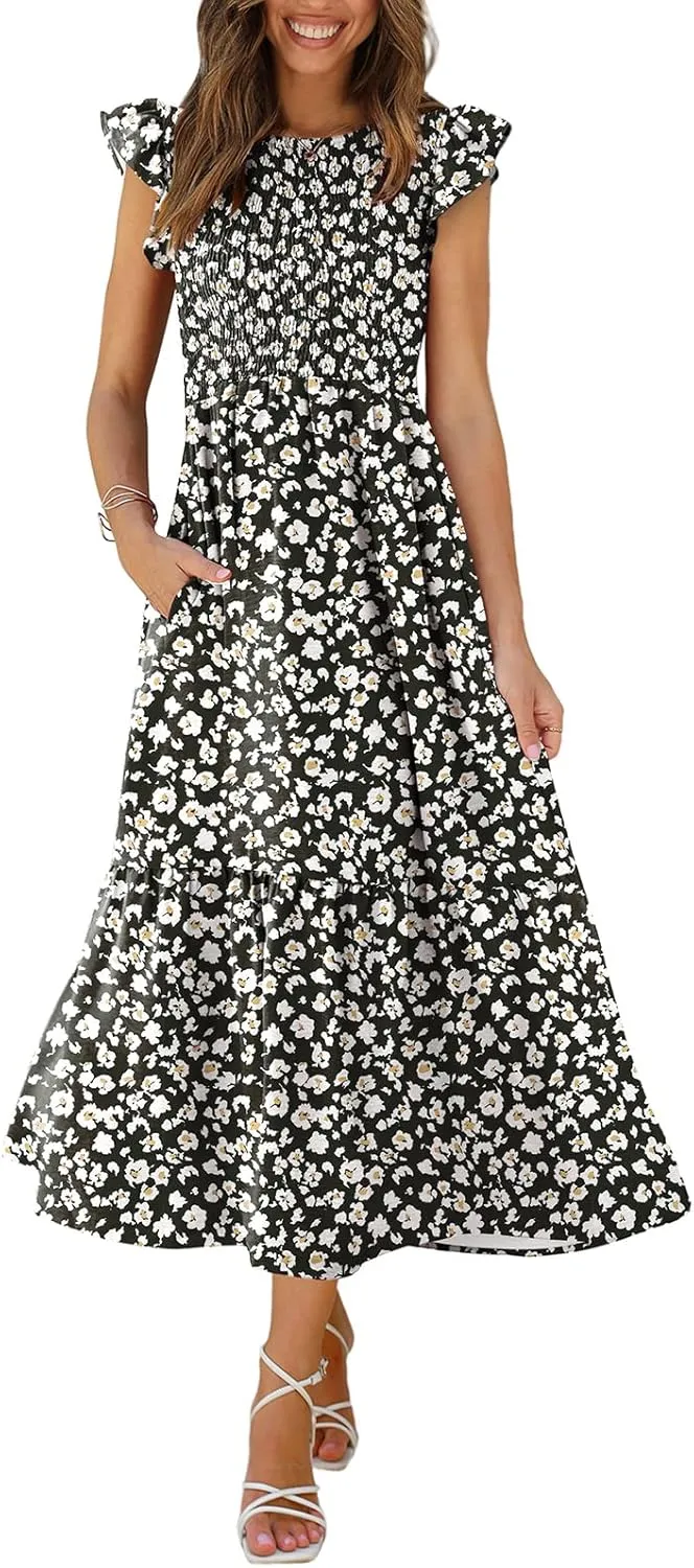 OFEEFAN Women's Casual Maxi Dresses with Pockets Ruffle Sleeve Smocked Dress XS-2XL