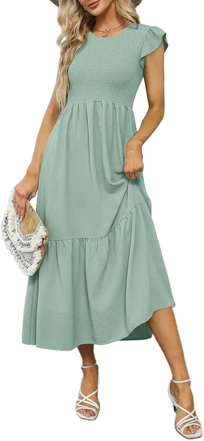OFEEFAN Women's Casual Maxi Dresses with Pockets Ruffle Sleeve Smocked Dress XS-2XL