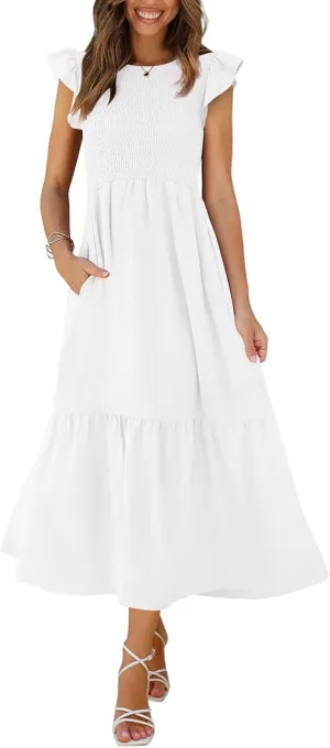 OFEEFAN Women's Casual Maxi Dresses with Pockets Ruffle Sleeve Smocked Dress XS-2XL