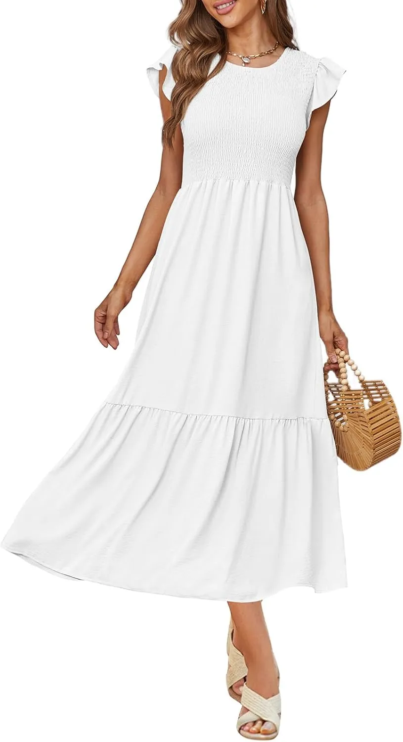 OFEEFAN Women's Casual Maxi Dresses with Pockets Ruffle Sleeve Smocked Dress XS-2XL