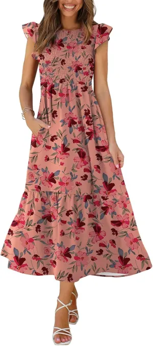 OFEEFAN Women's Casual Maxi Dresses with Pockets Ruffle Sleeve Smocked Dress XS-2XL