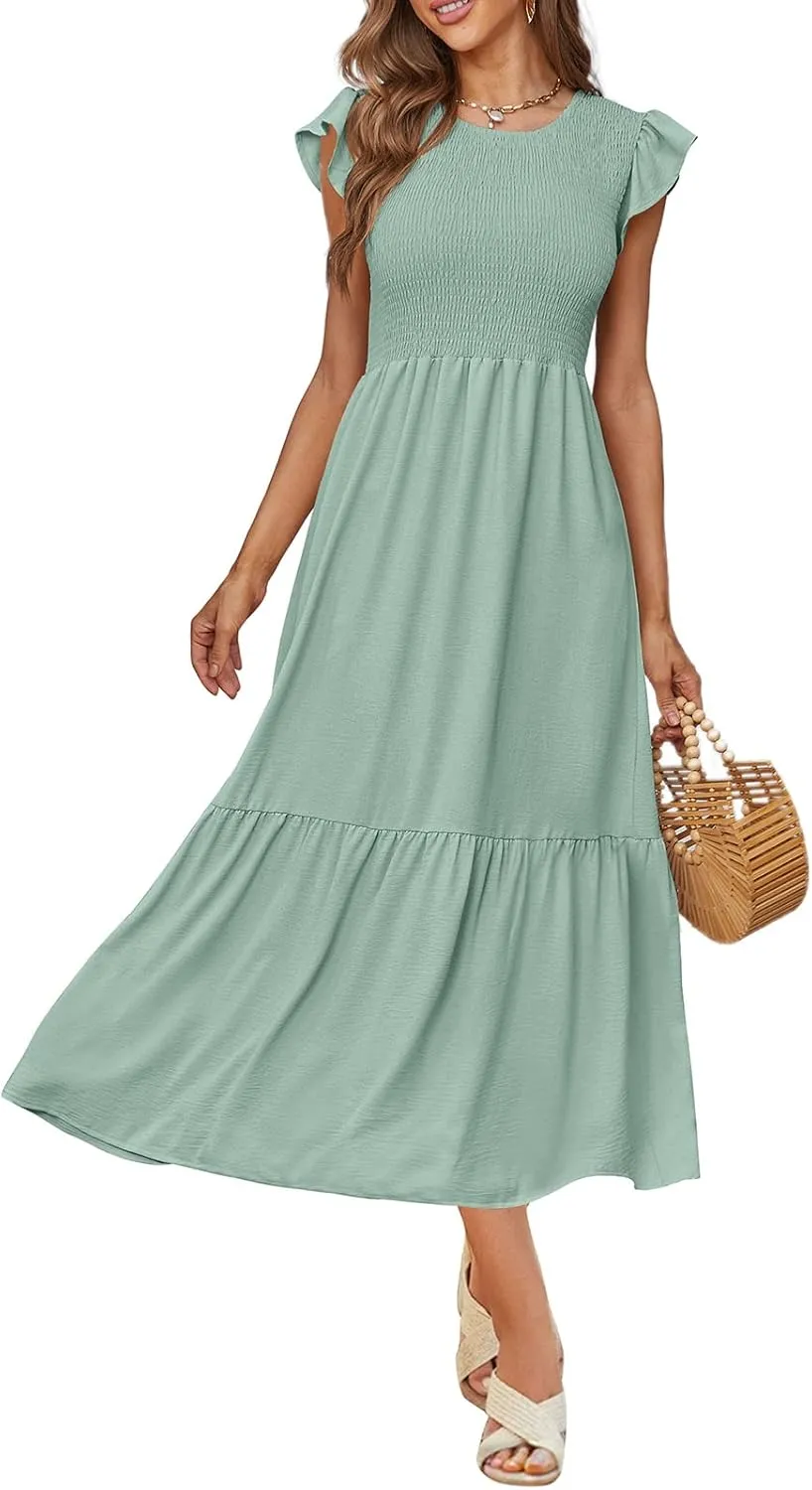 OFEEFAN Women's Casual Maxi Dresses with Pockets Ruffle Sleeve Smocked Dress XS-2XL