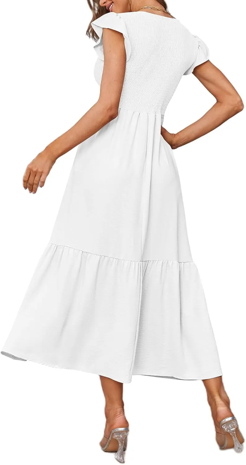 OFEEFAN Women's Casual Maxi Dresses with Pockets Ruffle Sleeve Smocked Dress XS-2XL