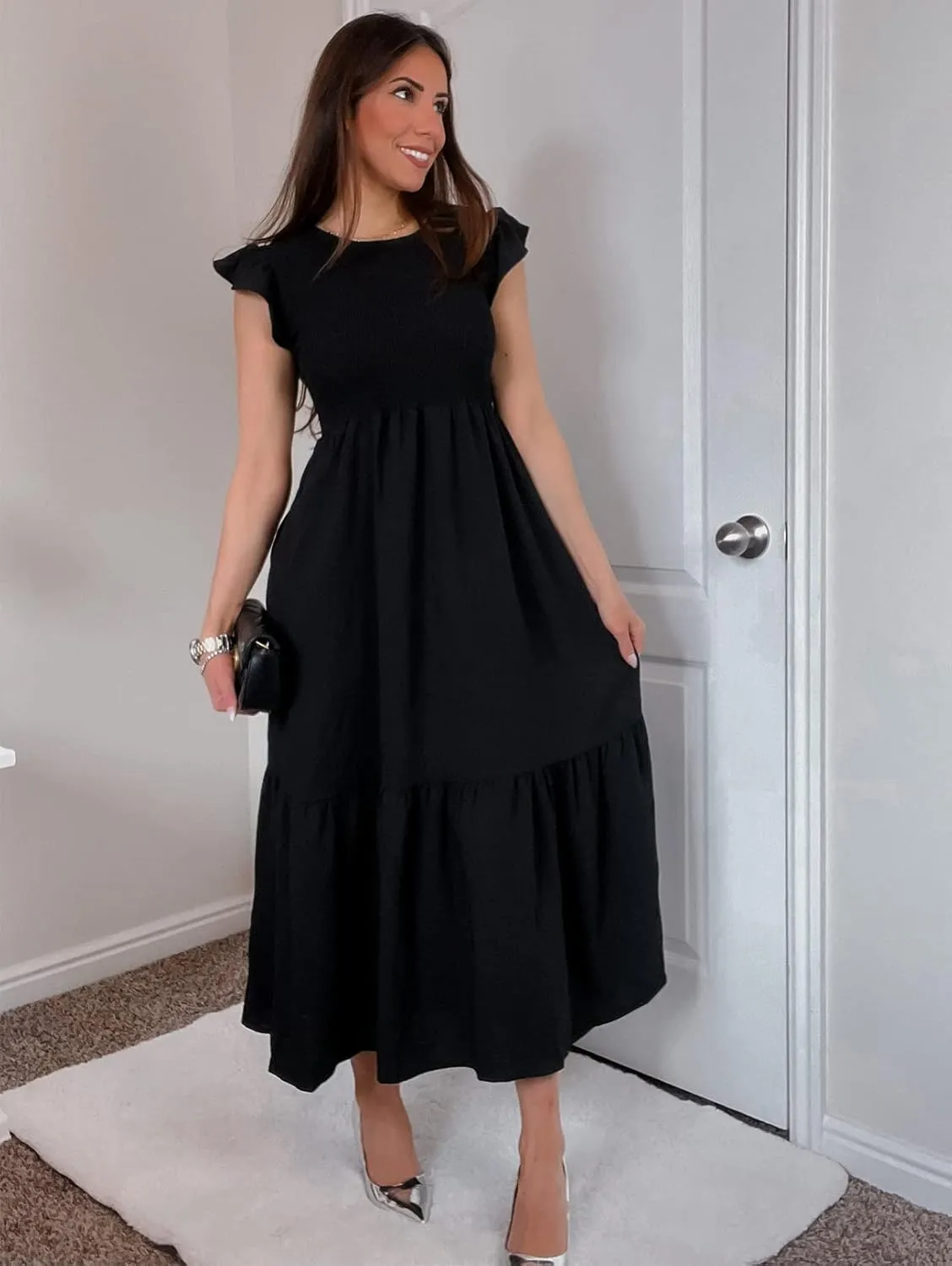 OFEEFAN Women's Casual Maxi Dresses with Pockets Ruffle Sleeve Smocked Dress XS-2XL