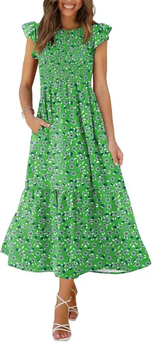 OFEEFAN Women's Casual Maxi Dresses with Pockets Ruffle Sleeve Smocked Dress XS-2XL