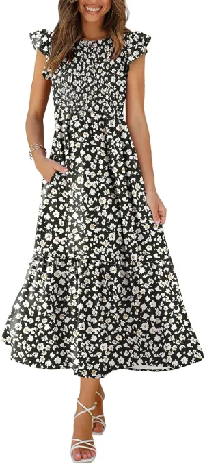 OFEEFAN Women's Casual Maxi Dresses with Pockets Ruffle Sleeve Smocked Dress XS-2XL