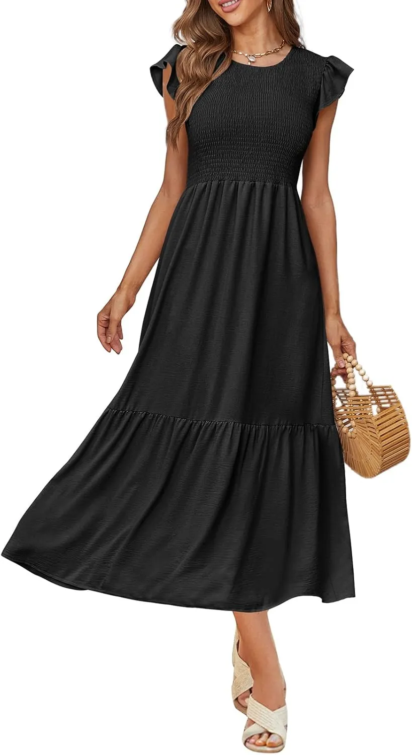 OFEEFAN Women's Casual Maxi Dresses with Pockets Ruffle Sleeve Smocked Dress XS-2XL
