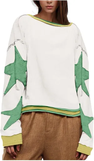 Oversized Long Sleeve Crewneck Star Sweatshirts for Women Trendy 2024 Fall Pullovers Drop Shoulder Vintage Tops