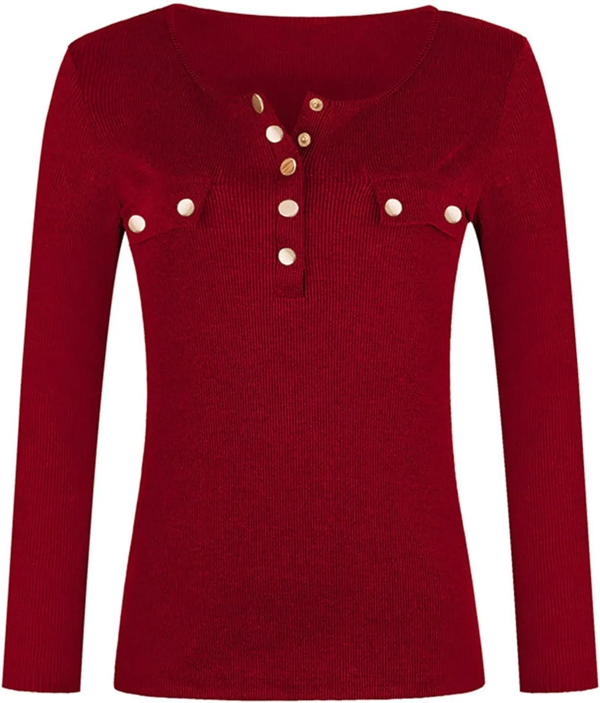 Plus Size Womens Long Sleeve Button V Neck Ribbed Knit T-Shirt Fitted Casual Basic Tops 2024 Fashion Slim Fit Tees