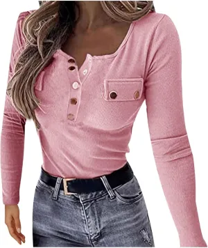 Plus Size Womens Long Sleeve Button V Neck Ribbed Knit T-Shirt Fitted Casual Basic Tops 2024 Fashion Slim Fit Tees