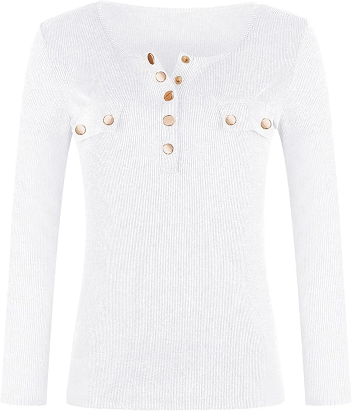 Plus Size Womens Long Sleeve Button V Neck Ribbed Knit T-Shirt Fitted Casual Basic Tops 2024 Fashion Slim Fit Tees