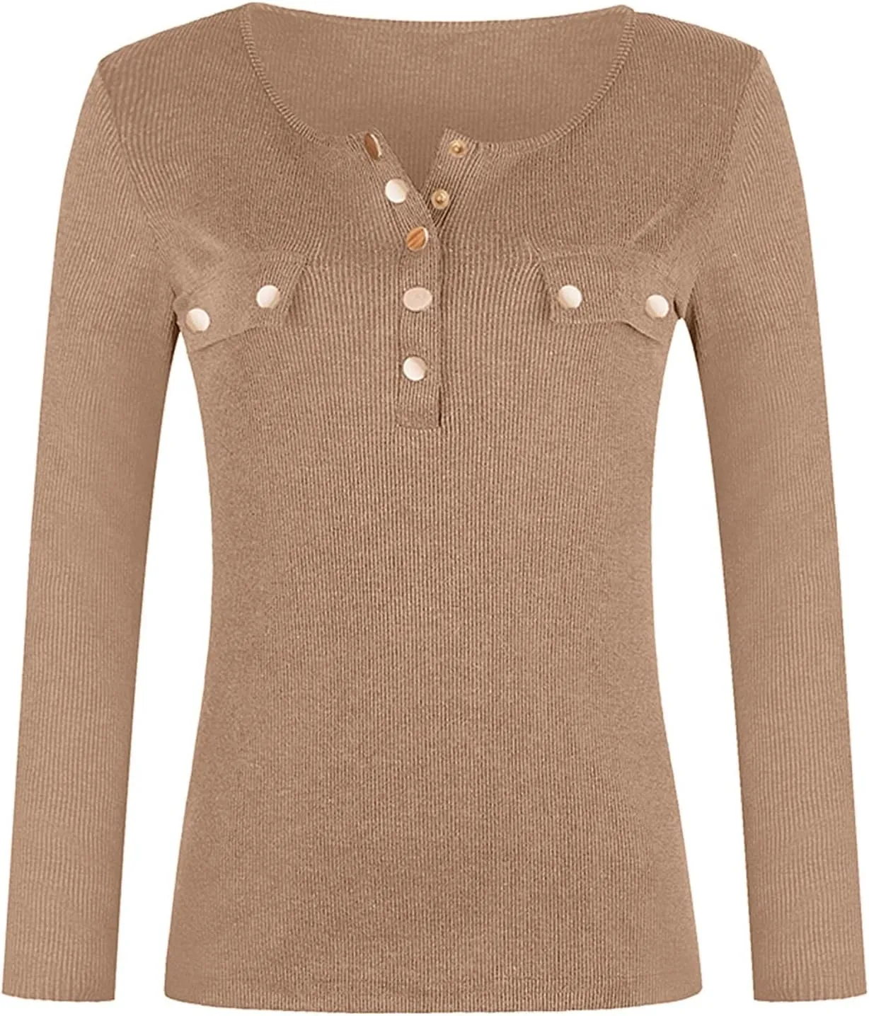 Plus Size Womens Long Sleeve Button V Neck Ribbed Knit T-Shirt Fitted Casual Basic Tops 2024 Fashion Slim Fit Tees
