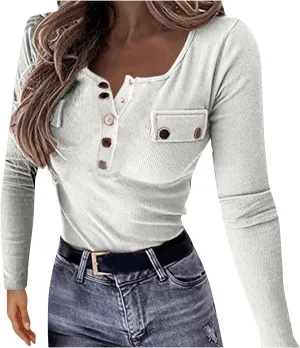 Plus Size Womens Long Sleeve Button V Neck Ribbed Knit T-Shirt Fitted Casual Basic Tops 2024 Fashion Slim Fit Tees