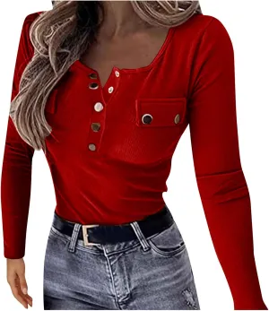 Plus Size Womens Long Sleeve Button V Neck Ribbed Knit T-Shirt Fitted Casual Basic Tops 2024 Fashion Slim Fit Tees