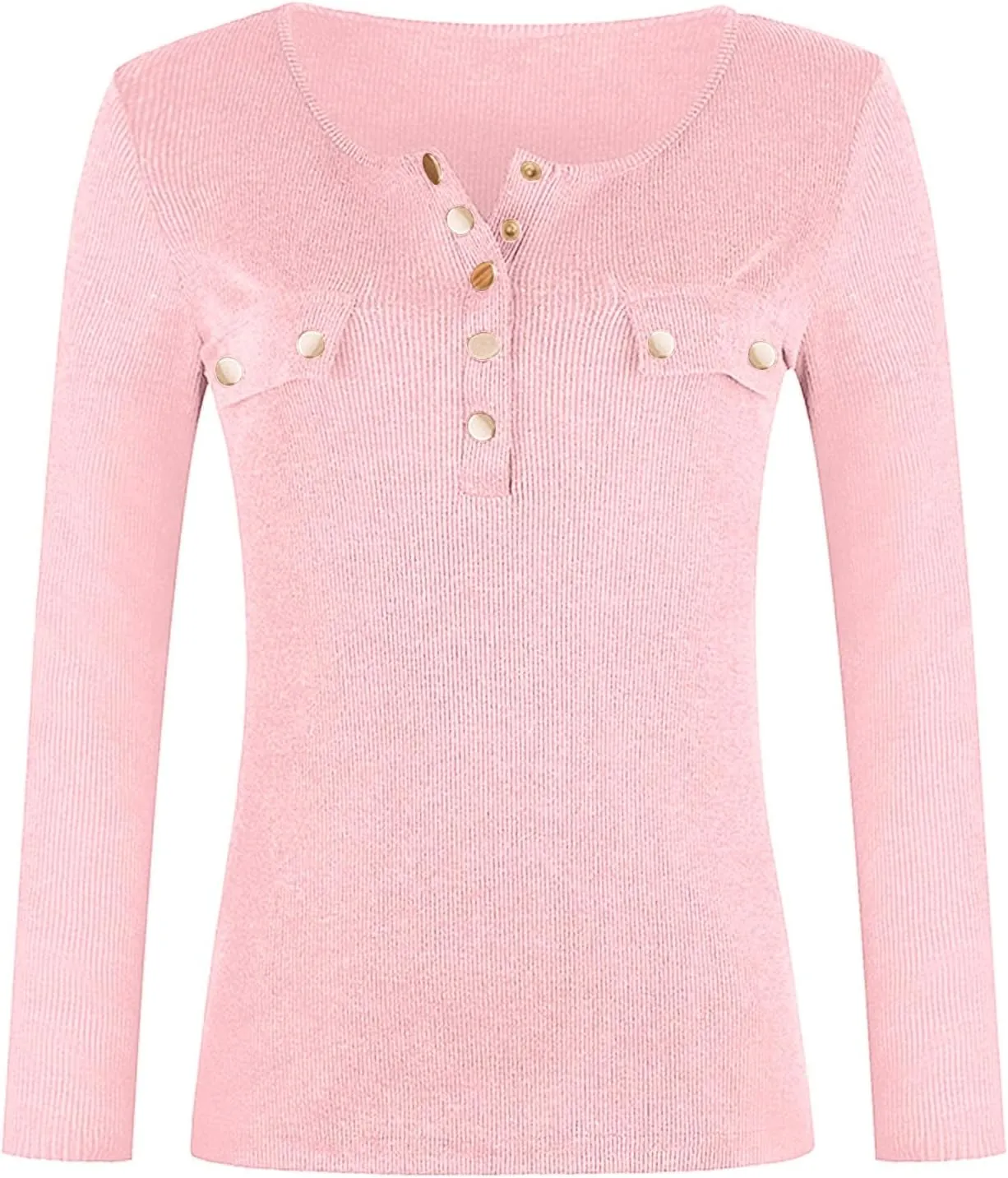 Plus Size Womens Long Sleeve Button V Neck Ribbed Knit T-Shirt Fitted Casual Basic Tops 2024 Fashion Slim Fit Tees