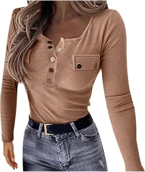 Plus Size Womens Long Sleeve Button V Neck Ribbed Knit T-Shirt Fitted Casual Basic Tops 2024 Fashion Slim Fit Tees