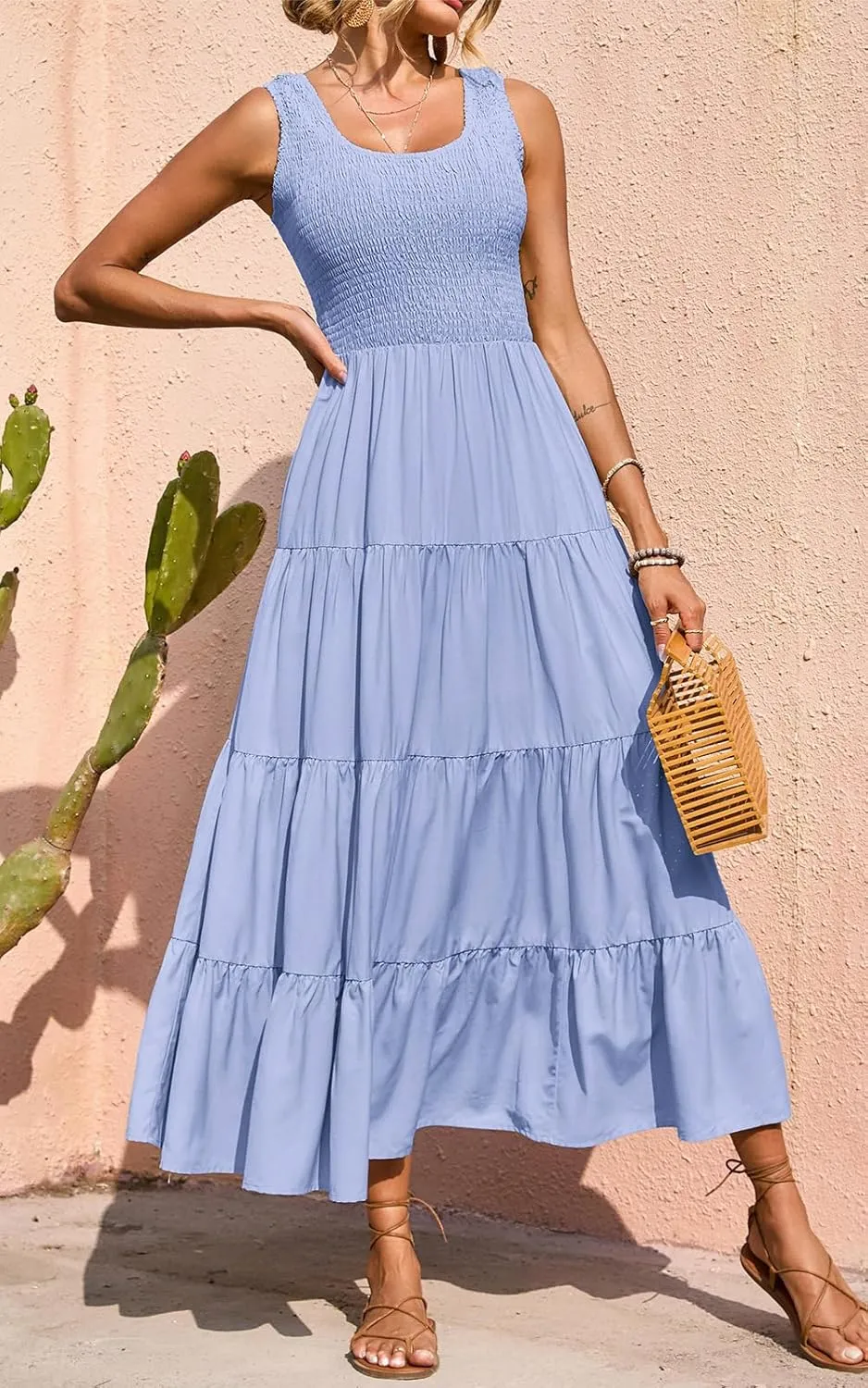 PRETTYGARDEN Women's 2025 Casual Loose Plain Maxi Sundress Smocked Tank Dress Sleeveless Summer Beach Tiered Long Dresses