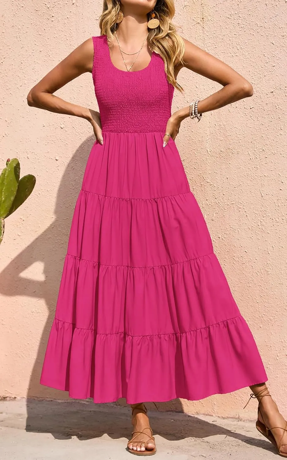 PRETTYGARDEN Women's 2025 Casual Loose Plain Maxi Sundress Smocked Tank Dress Sleeveless Summer Beach Tiered Long Dresses