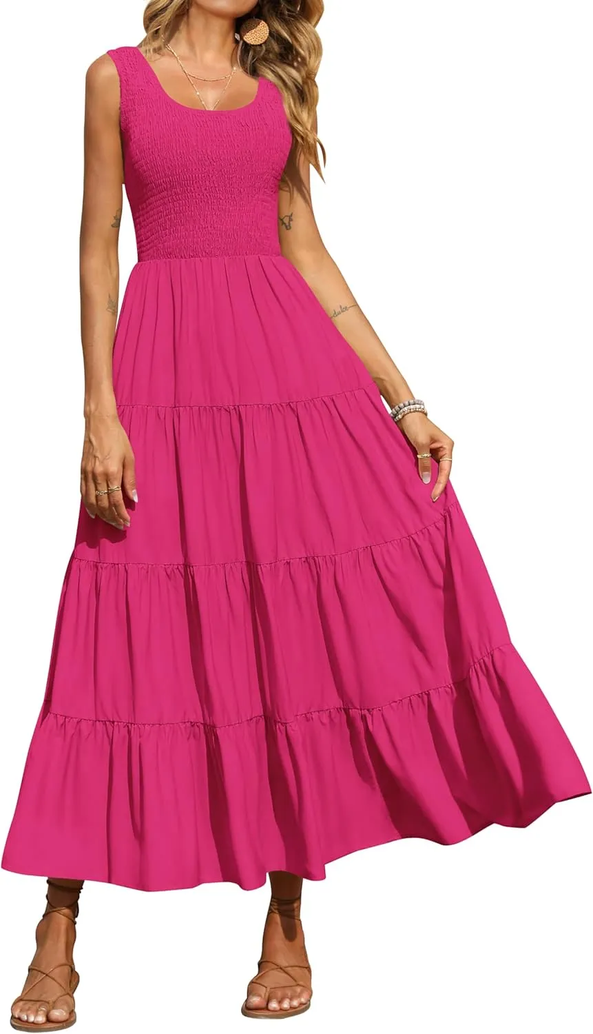 PRETTYGARDEN Women's 2025 Casual Loose Plain Maxi Sundress Smocked Tank Dress Sleeveless Summer Beach Tiered Long Dresses