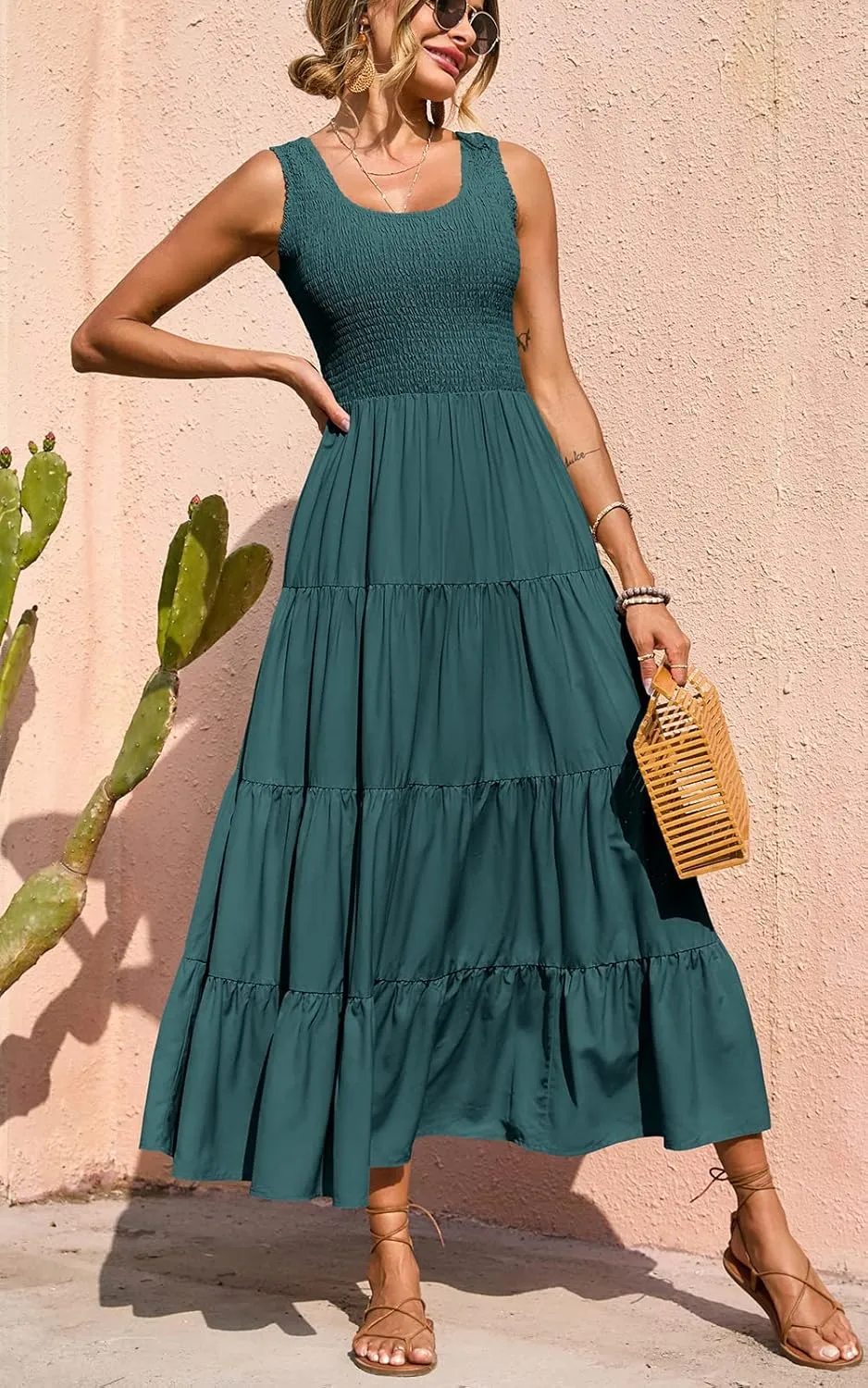 PRETTYGARDEN Women's 2025 Casual Loose Plain Maxi Sundress Smocked Tank Dress Sleeveless Summer Beach Tiered Long Dresses