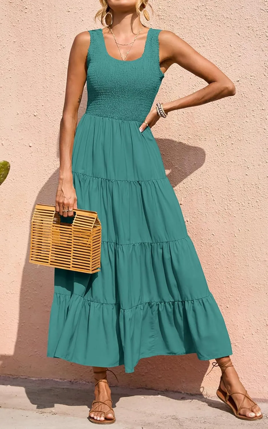 PRETTYGARDEN Women's 2025 Casual Loose Plain Maxi Sundress Smocked Tank Dress Sleeveless Summer Beach Tiered Long Dresses