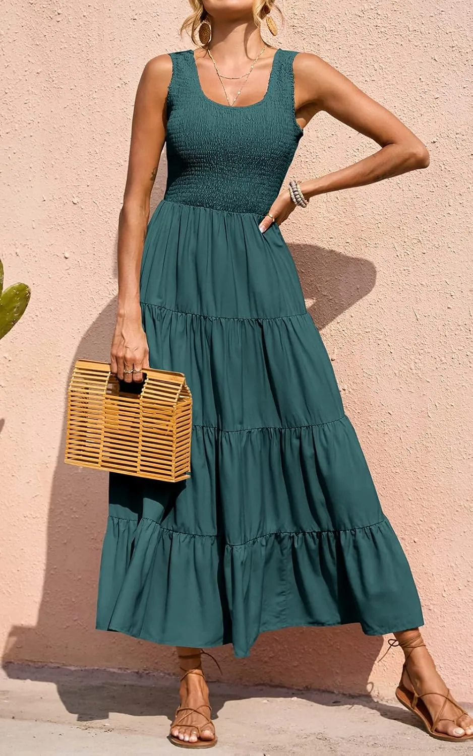 PRETTYGARDEN Women's 2025 Casual Loose Plain Maxi Sundress Smocked Tank Dress Sleeveless Summer Beach Tiered Long Dresses