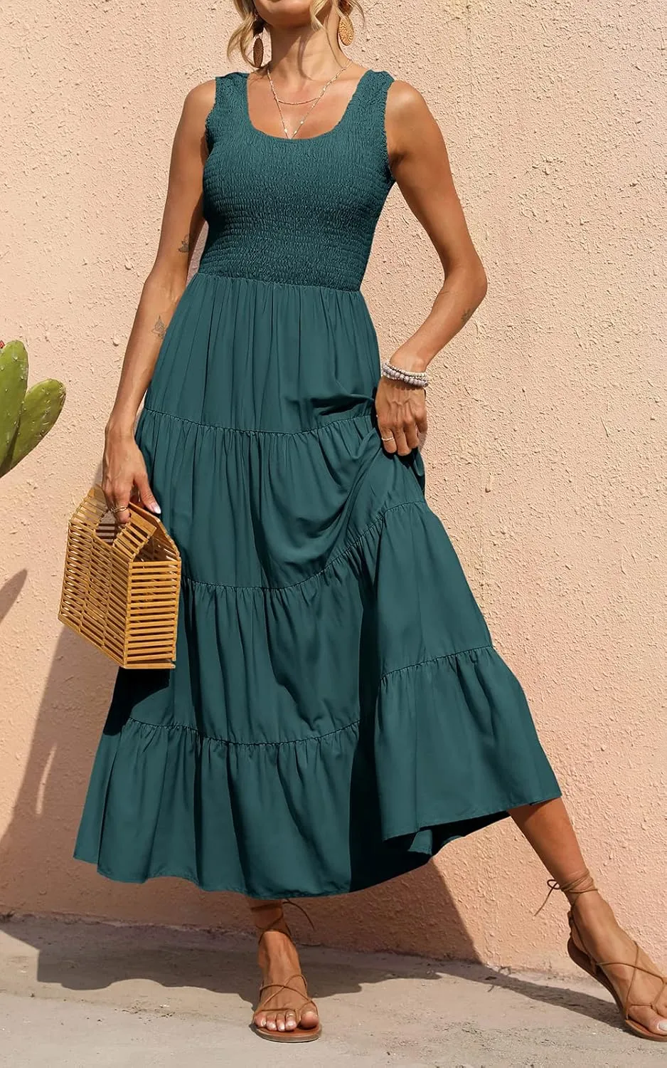 PRETTYGARDEN Women's 2025 Casual Loose Plain Maxi Sundress Smocked Tank Dress Sleeveless Summer Beach Tiered Long Dresses