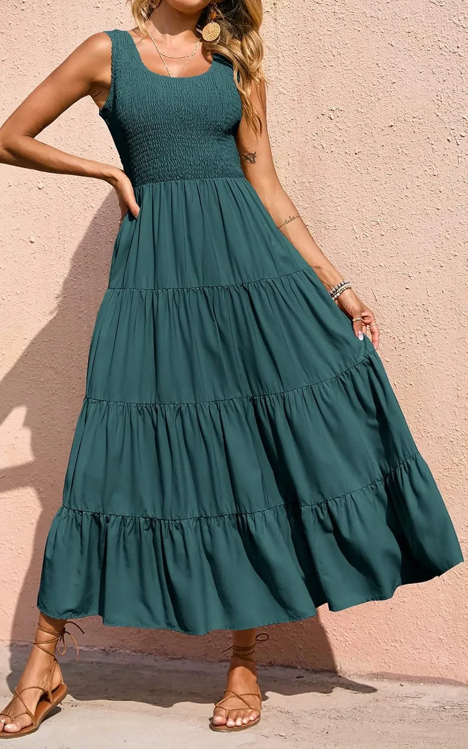PRETTYGARDEN Women's 2025 Casual Loose Plain Maxi Sundress Smocked Tank Dress Sleeveless Summer Beach Tiered Long Dresses