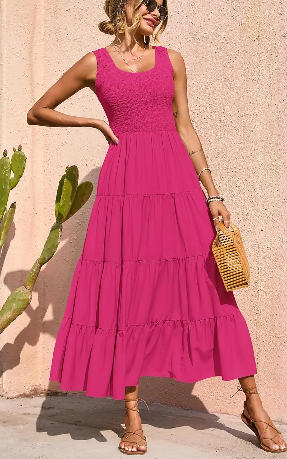 PRETTYGARDEN Women's 2025 Casual Loose Plain Maxi Sundress Smocked Tank Dress Sleeveless Summer Beach Tiered Long Dresses