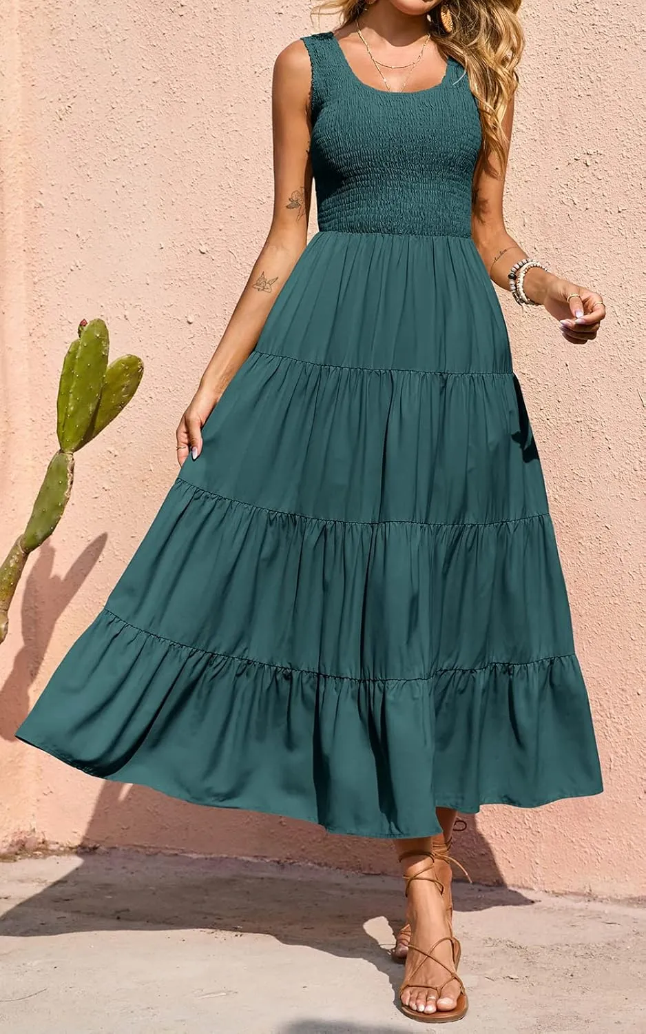 PRETTYGARDEN Women's 2025 Casual Loose Plain Maxi Sundress Smocked Tank Dress Sleeveless Summer Beach Tiered Long Dresses