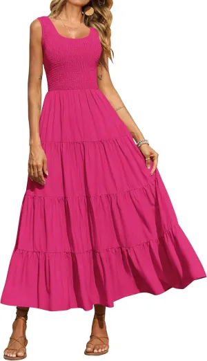 PRETTYGARDEN Women's 2025 Casual Loose Plain Maxi Sundress Smocked Tank Dress Sleeveless Summer Beach Tiered Long Dresses