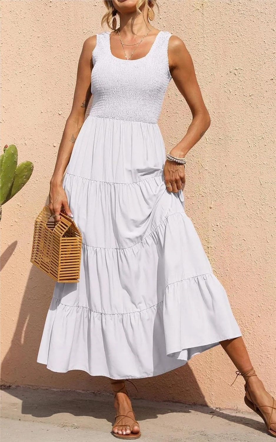 PRETTYGARDEN Women's 2025 Casual Loose Plain Maxi Sundress Smocked Tank Dress Sleeveless Summer Beach Tiered Long Dresses