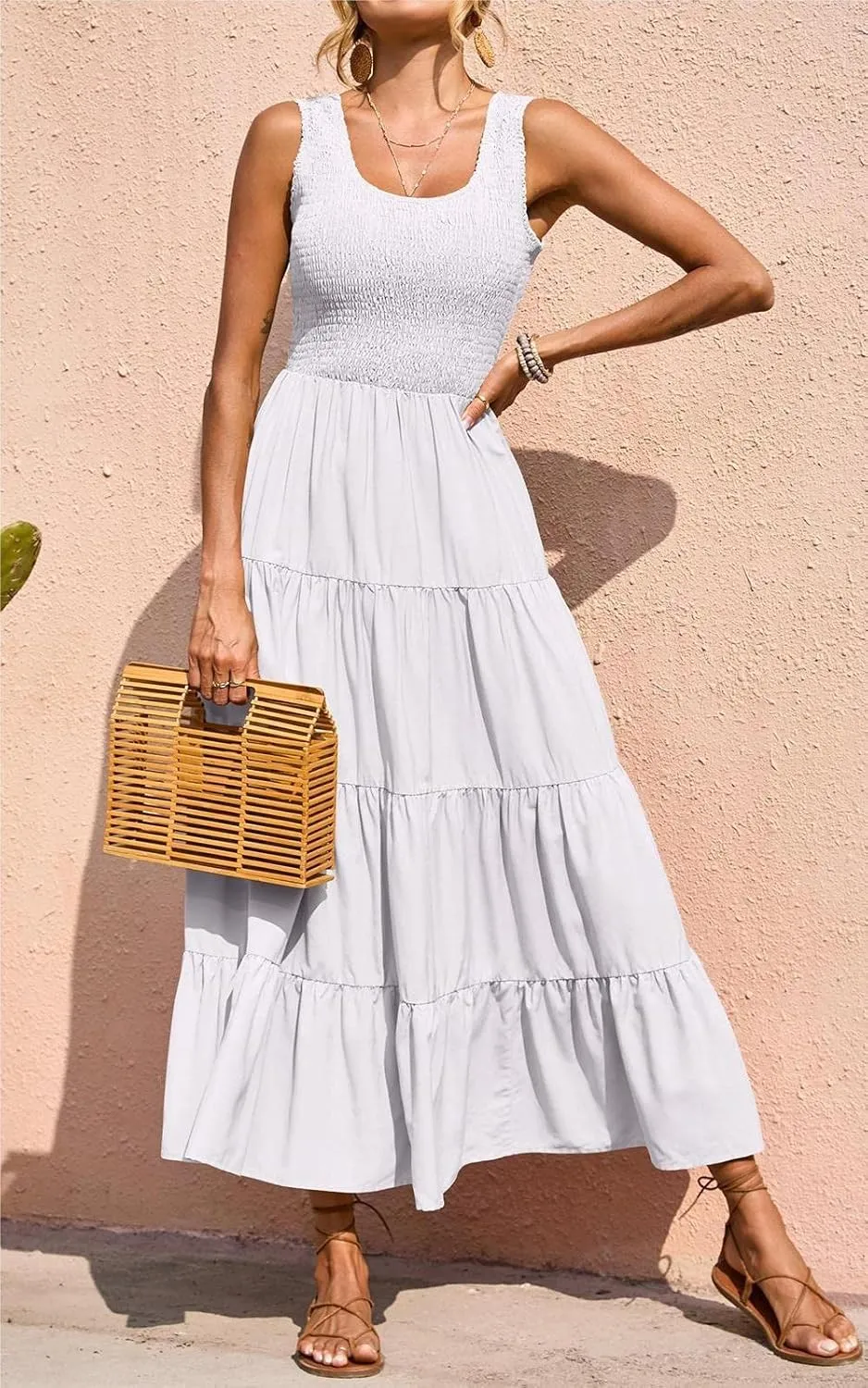 PRETTYGARDEN Women's 2025 Casual Loose Plain Maxi Sundress Smocked Tank Dress Sleeveless Summer Beach Tiered Long Dresses