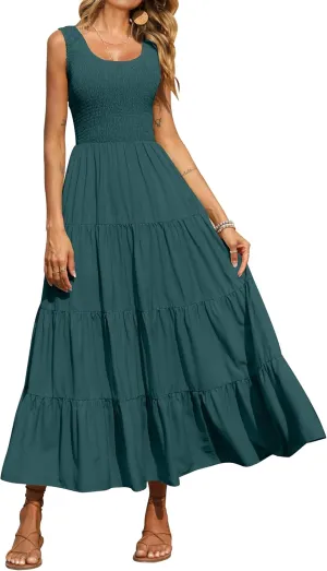 PRETTYGARDEN Women's 2025 Casual Loose Plain Maxi Sundress Smocked Tank Dress Sleeveless Summer Beach Tiered Long Dresses