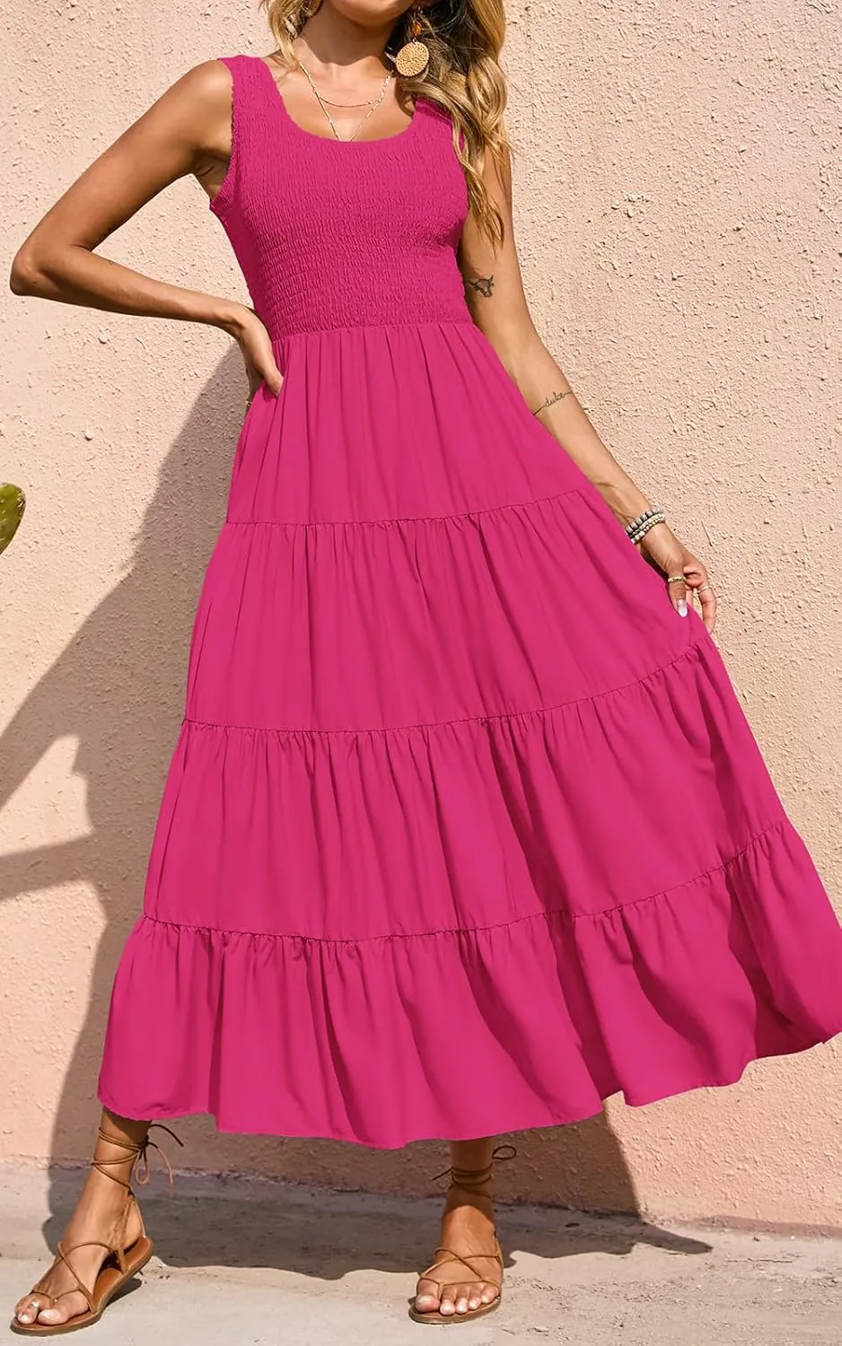 PRETTYGARDEN Women's 2025 Casual Loose Plain Maxi Sundress Smocked Tank Dress Sleeveless Summer Beach Tiered Long Dresses