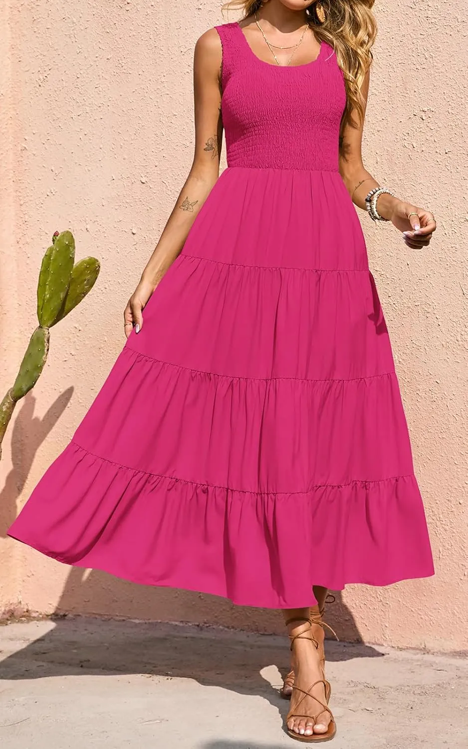 PRETTYGARDEN Women's 2025 Casual Loose Plain Maxi Sundress Smocked Tank Dress Sleeveless Summer Beach Tiered Long Dresses