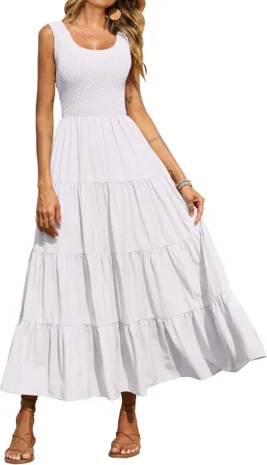 PRETTYGARDEN Women's 2025 Casual Loose Plain Maxi Sundress Smocked Tank Dress Sleeveless Summer Beach Tiered Long Dresses