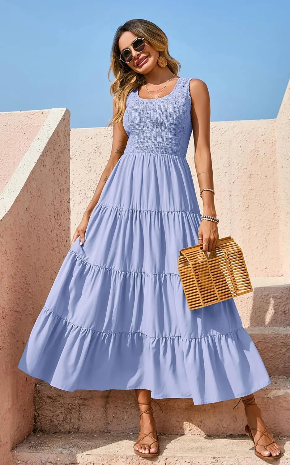 PRETTYGARDEN Women's 2025 Casual Loose Plain Maxi Sundress Smocked Tank Dress Sleeveless Summer Beach Tiered Long Dresses