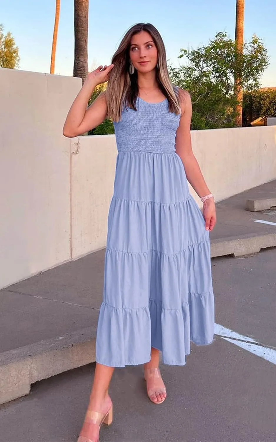 PRETTYGARDEN Women's 2025 Casual Loose Plain Maxi Sundress Smocked Tank Dress Sleeveless Summer Beach Tiered Long Dresses