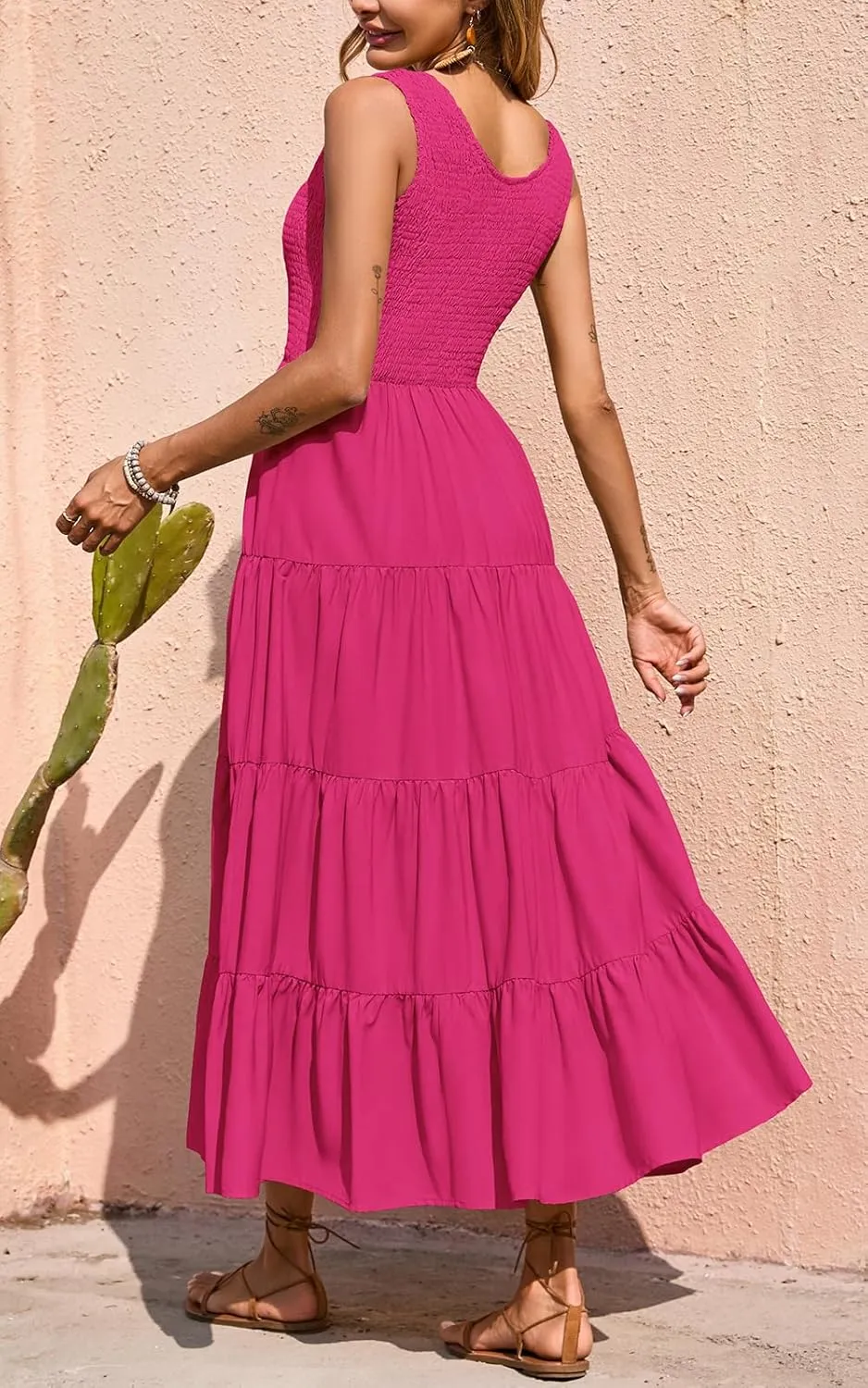 PRETTYGARDEN Women's 2025 Casual Loose Plain Maxi Sundress Smocked Tank Dress Sleeveless Summer Beach Tiered Long Dresses