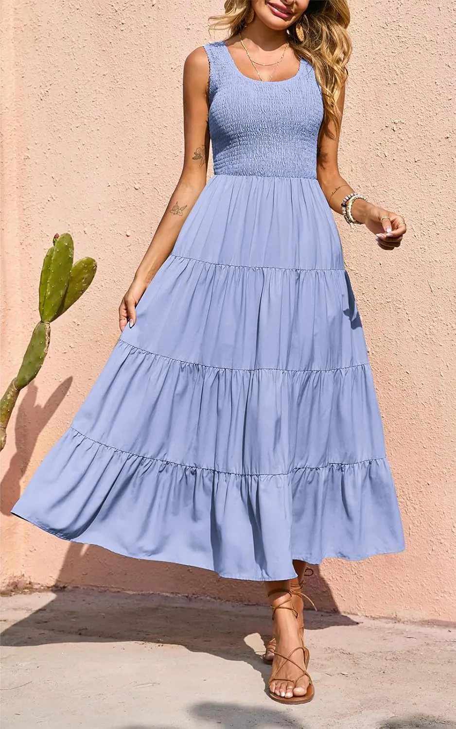 PRETTYGARDEN Women's 2025 Casual Loose Plain Maxi Sundress Smocked Tank Dress Sleeveless Summer Beach Tiered Long Dresses