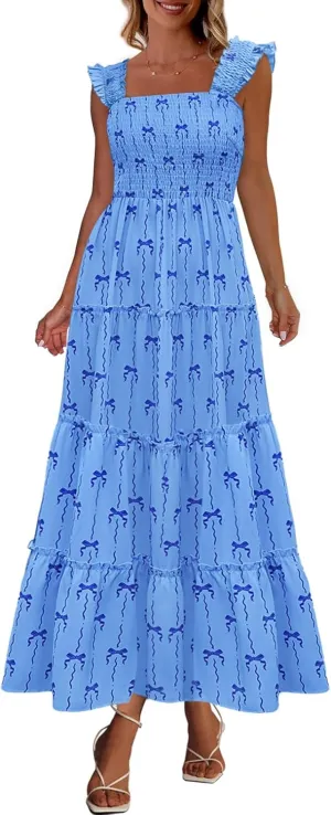 PRETTYGARDEN Women's 2025 Floral Maxi Sundress Smocked Tank Dress Sleeveless Ruffle Summer Tiered Long Dresses