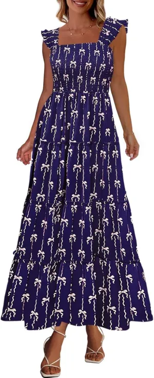 PRETTYGARDEN Women's 2025 Floral Maxi Sundress Smocked Tank Dress Sleeveless Ruffle Summer Tiered Long Dresses